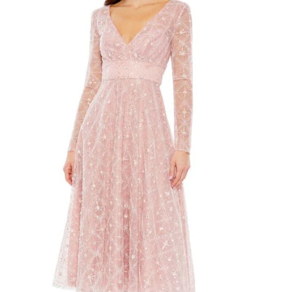 Mac Duggal Rose Pink Beaded Long Sleeve Empire Waist Cocktail Dress
